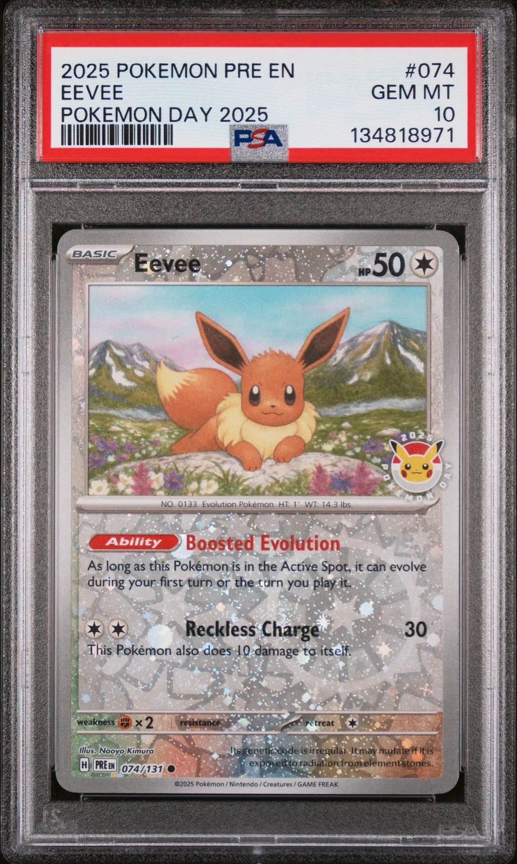 Graded 2025 PKM PRE EN Eevee #074 Pokemon Day Trading Card Game PSA 10 Gem Mint Hall of Fame Sports Memorabilia