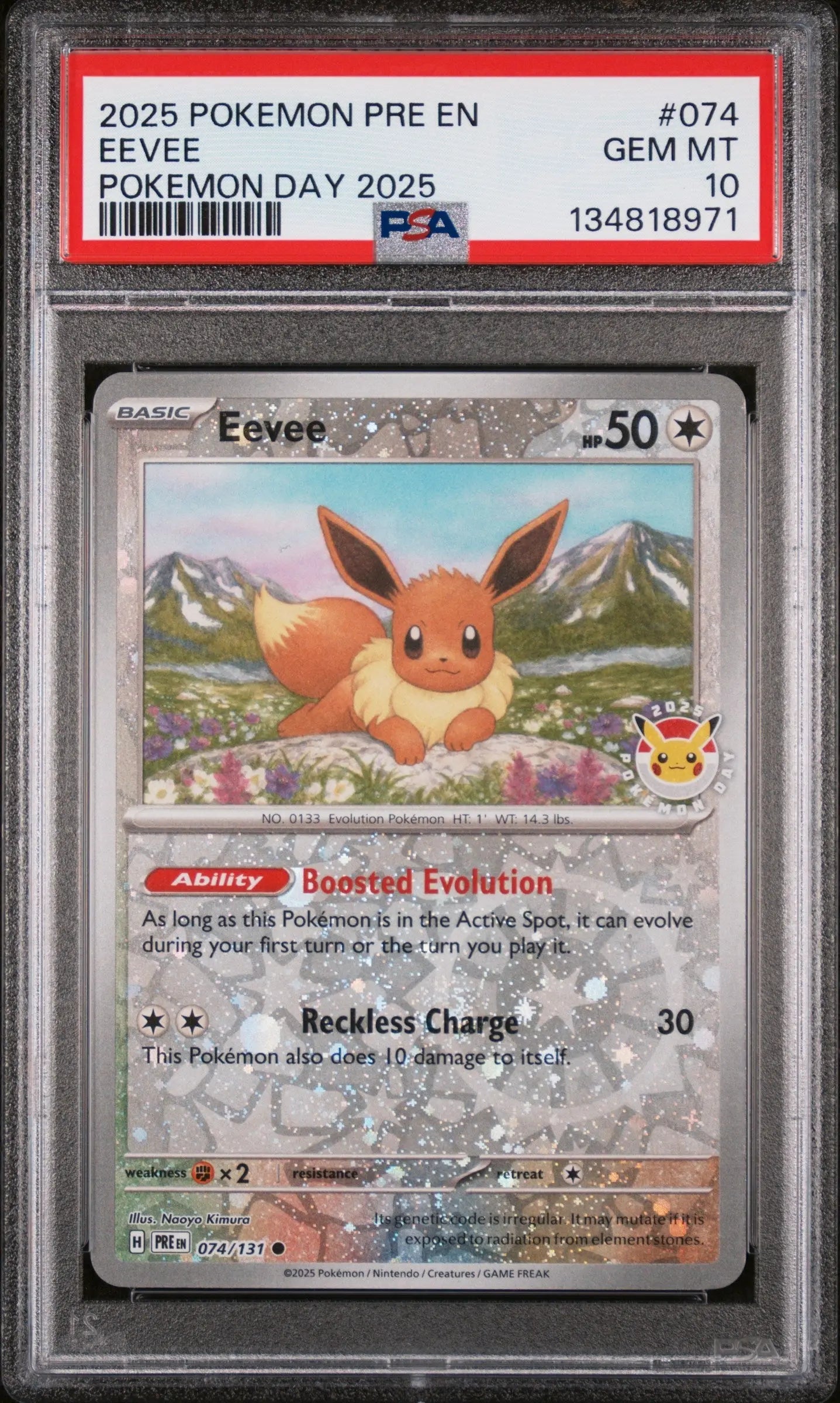 Graded 2025 PKM PRE EN Eevee #074 Pokemon Day Trading Card Game PSA 10 Gem Mint Hall of Fame Sports Memorabilia