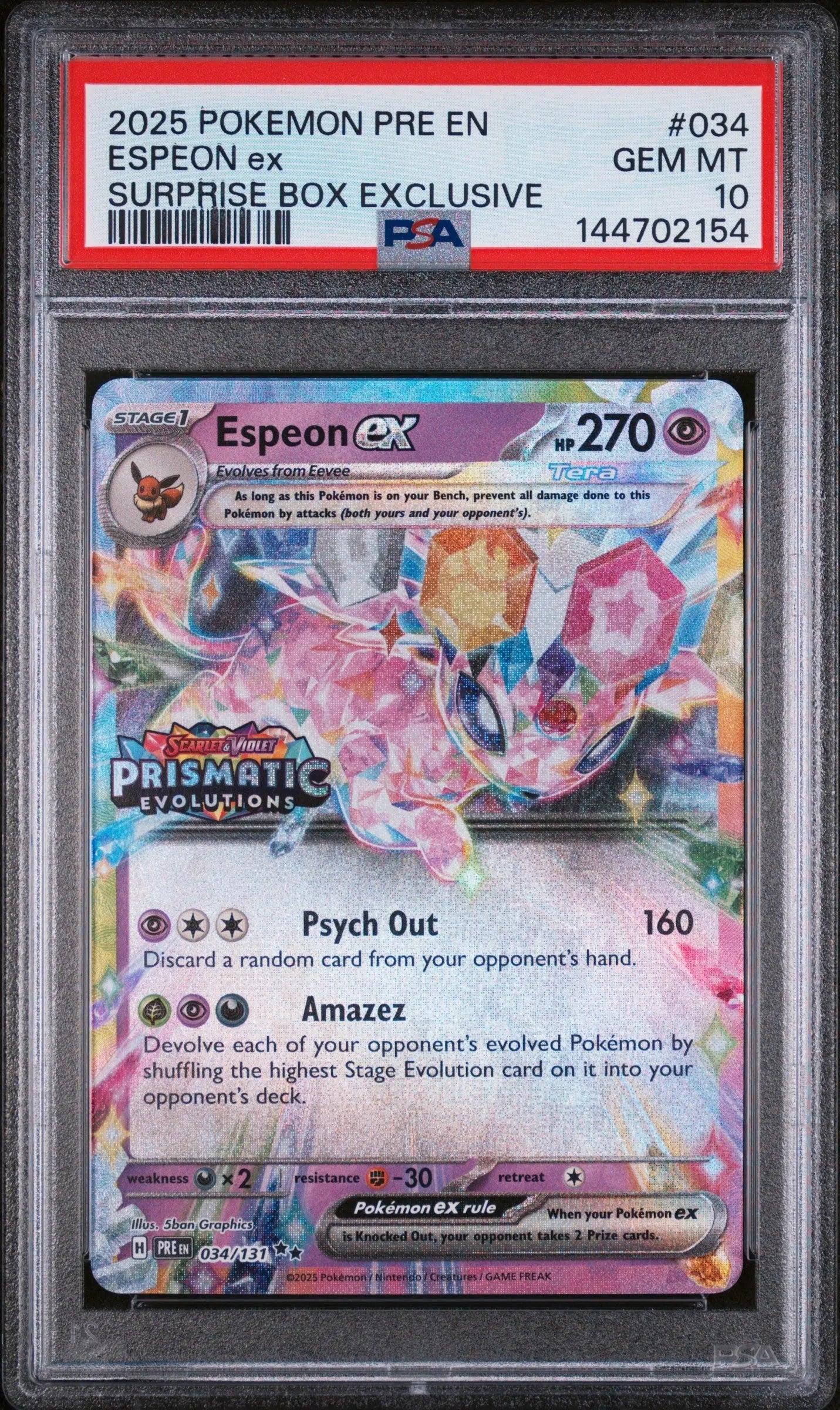 Graded 2025 PKM PRE EN Espeon Ex #034 Surprise Box Exclusive SBE Prismatic Evolutions Trading Card Game PSA 10 Gem Mint Hall of Fame Sports Memorabilia