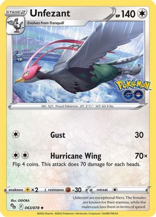 Unfezant 063/078 - Pokemon GO Reverse Holofoil Josh's Cards