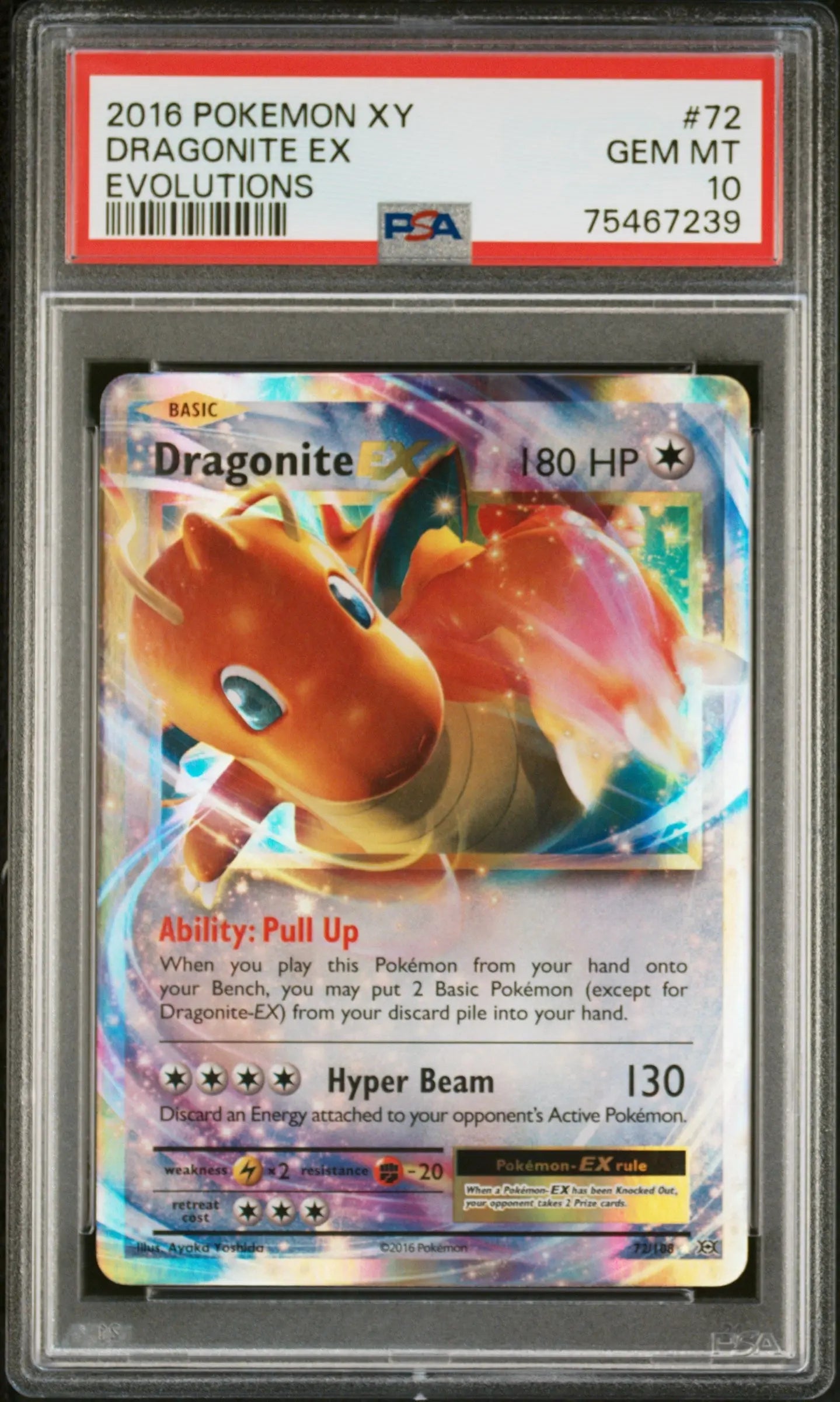 Graded 2016 PKM Xy Evolutions #72 Dragonite Ex Evolutions Trading Card Game PSA 10 Gem Mint Hall of Fame Sports Memorabilia