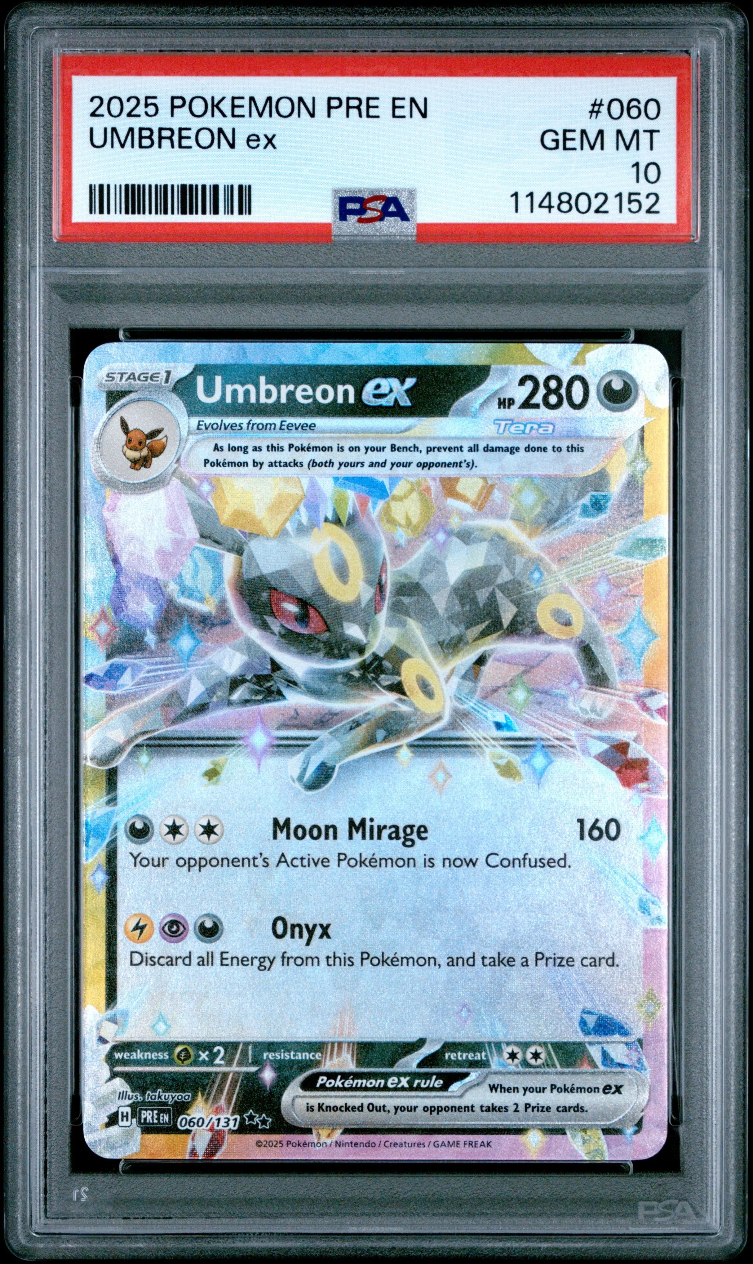 Graded 2025 PKM Pre En-Prismatic Evolutions #060 Umbreon Ex Trading Card Game PSA 10 Gem Mint Hall of Fame Sports Memorabilia