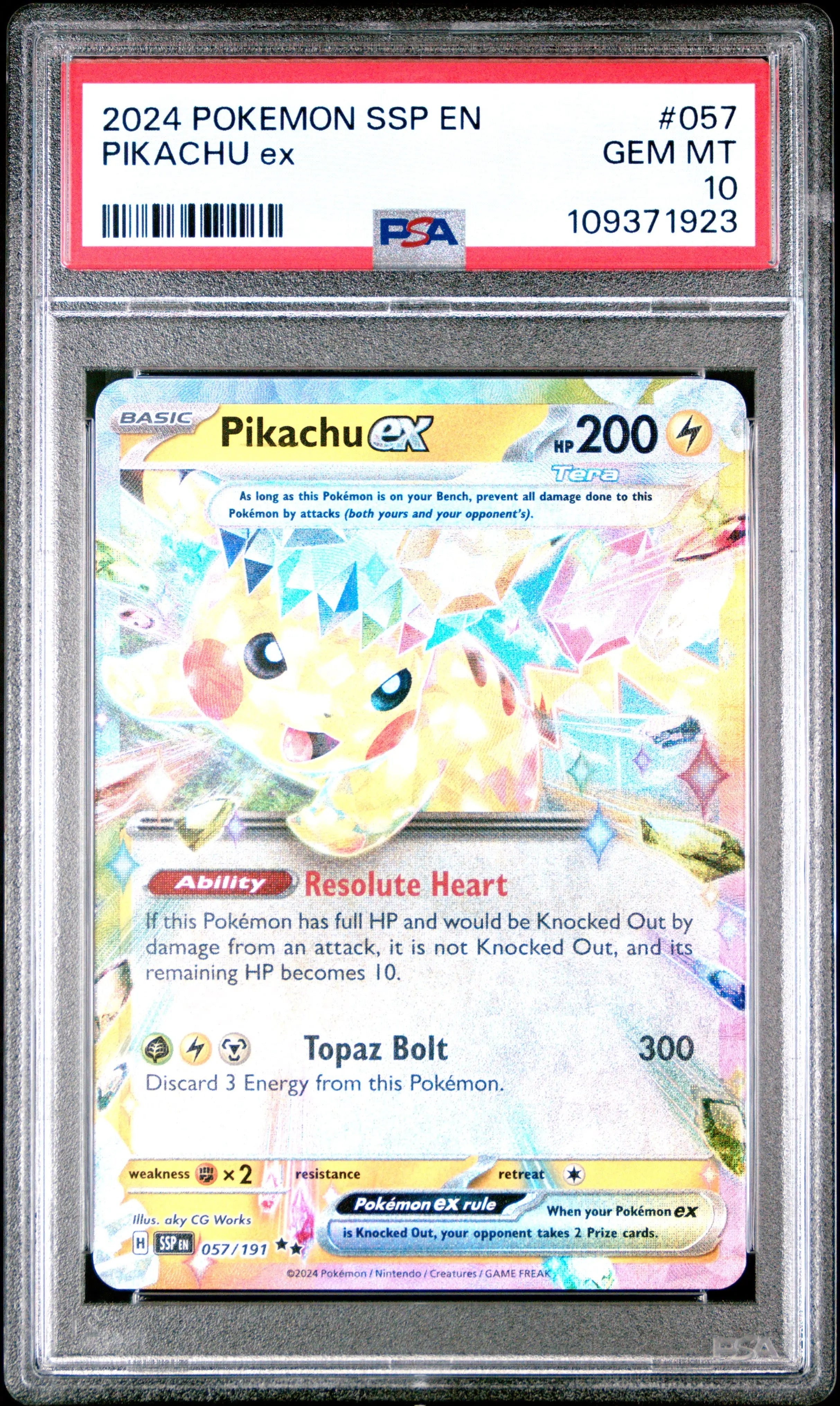 Graded 2024 PKM Ssp En-Surging Sparks #057 Pikachu Ex Trading Card Game PSA 10 Gem Mint Hall of Fame Sports Memorabilia