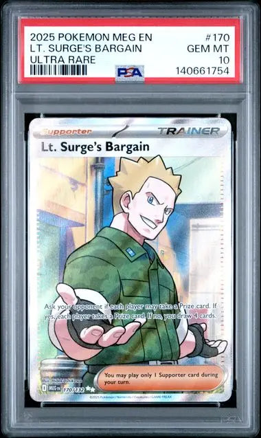 Graded 2025 PKM MEG EN Lt. Surge's Bargain #170 Ultra Rare Trading Card Game PSA 10 Gem Mint Hall of Fame Sports Memorabilia