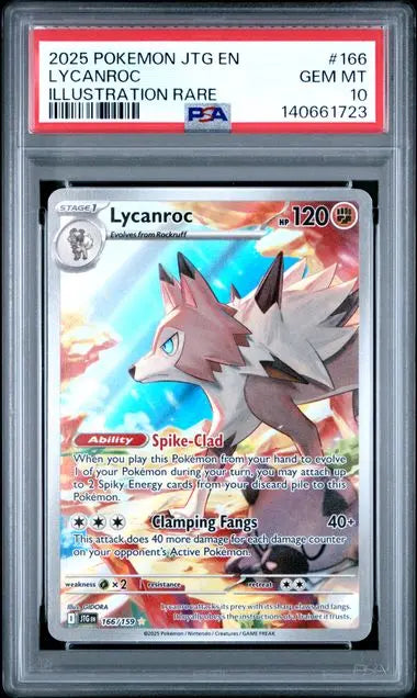 Graded 2025 PKM JTG EN Lycanroc #166 Illustration Rare Trading Card Game PSA 10 Gem Mint Hall of Fame Sports Memorabilia