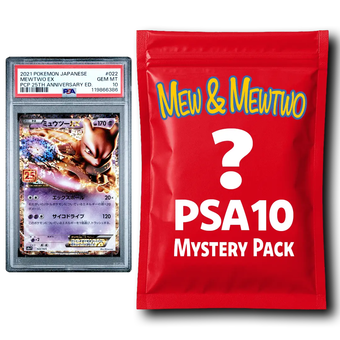 Mew or Mewtwo PSA 10 Graded PKM Card Mystery Pack Trading Card Game Hall of Fame Sports Memorabilia