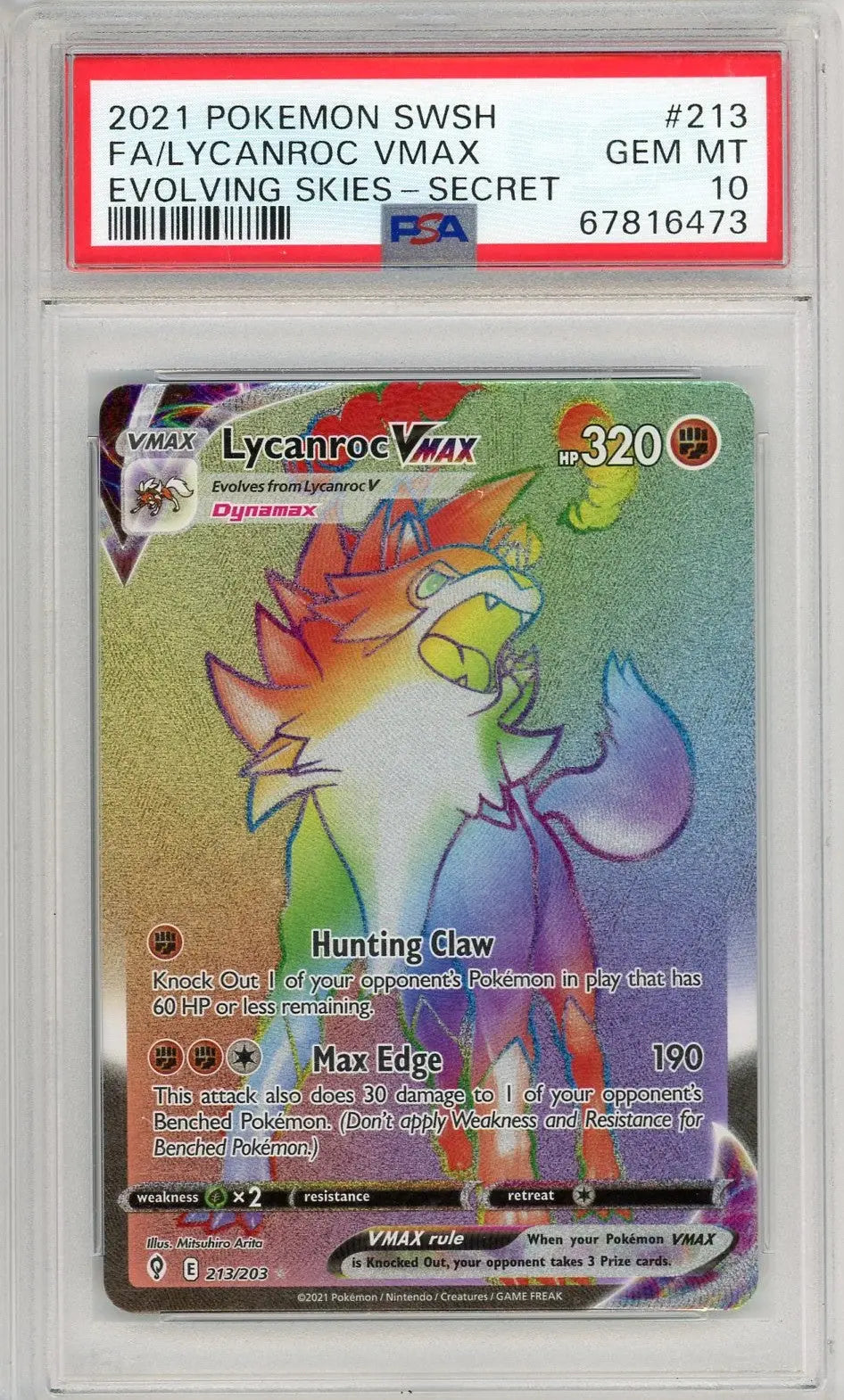 Graded 2021 PKM Sword & Shield Lycanroc #213 Vmax Evolving Skies Secret Trading Card Game PSA 10 Gem Mint Hall of Fame Sports Memorabilia
