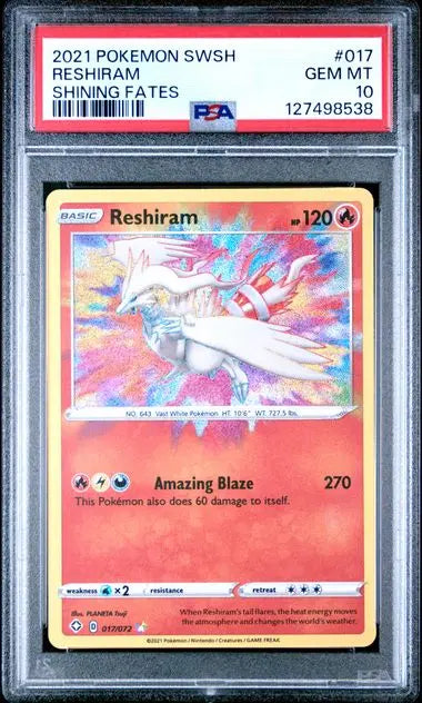 Graded 2021 PKM Sword & Shield Reshiram Holo #017 Shining Fates Trading Card Game PSA 10 Gem Mint Hall of Fame Sports Memorabilia